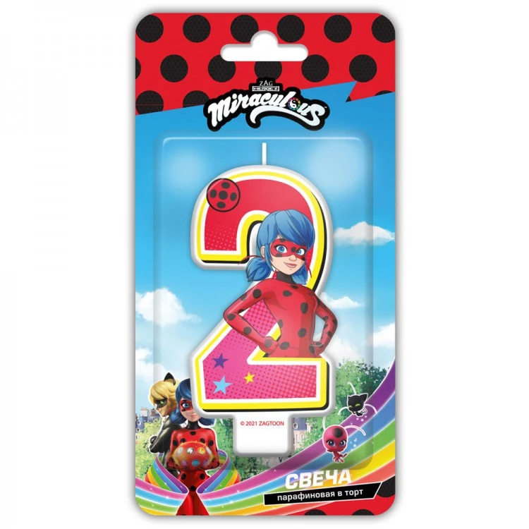 Леди Баг и Супер-Кот. Парафиновая свеча в торт (цифра 2 с героем) в блистере Леди Баг и Супер-Кот. Парафиновая свеча в торт (цифра 2 с героем) в блистере