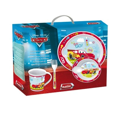 Набор для СВЧ: тарелка + миска + кружка + приборы. Тачки