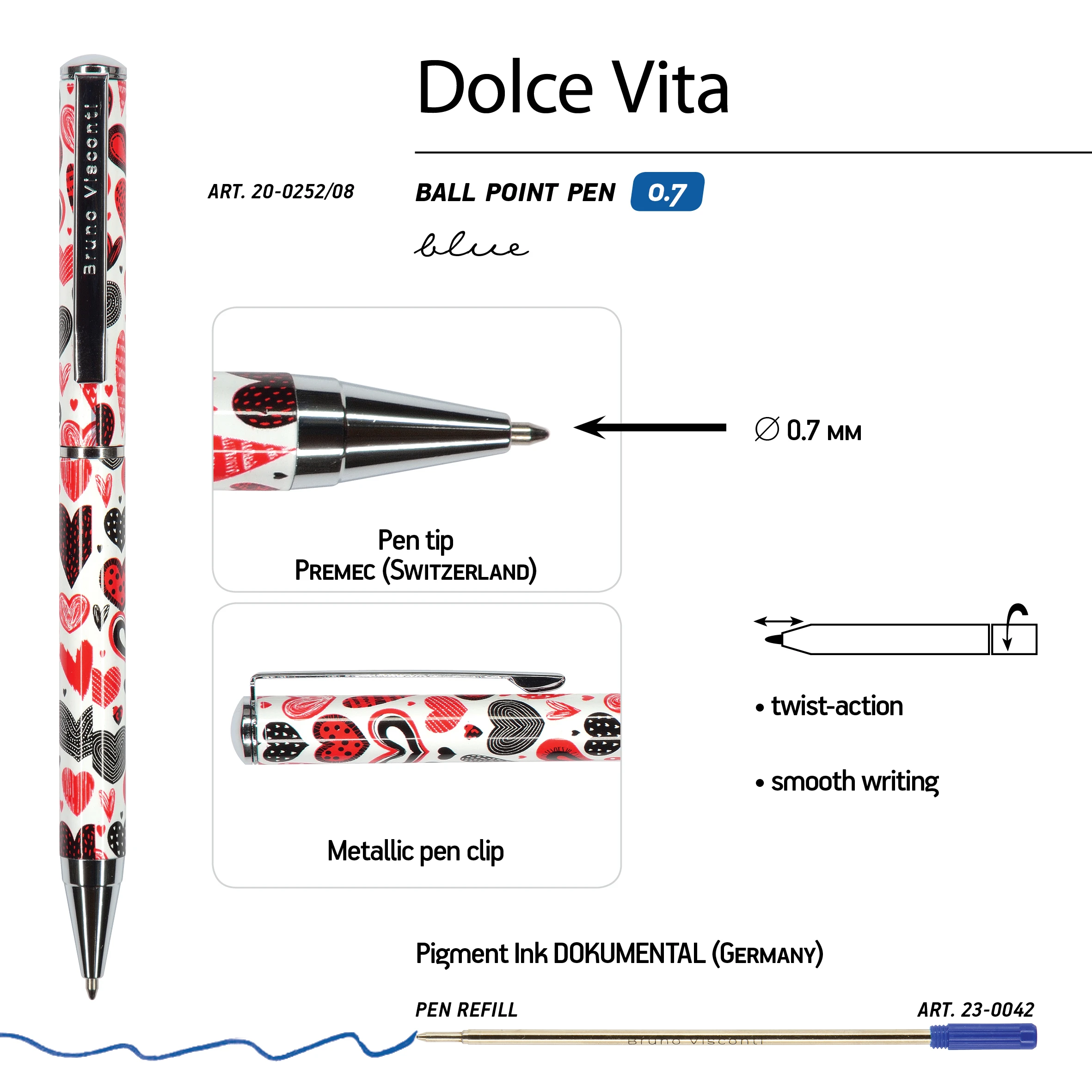 РУЧКА "DOLCE VITA. Сердечки.Фантазия" ШАРИКОВАЯ, МЕТАЛЛИЧЕСКИЙ КОРПУС,