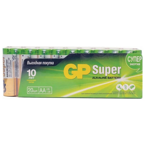 Батарейки GP Super, AA (LR6, 15А) алкалиновые, пальчиковые, КОМПЛЕКТ 20 шт., Батарейки GP Super, AA (LR6, 15А) алкалиновые, пальчиковые, КОМПЛЕКТ 20 шт.,