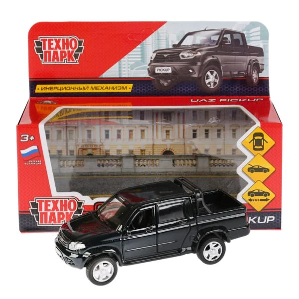 Машина металлическая UAZ PICKUP, 12 см, откр дв, багаж, инерц, черный, кор.