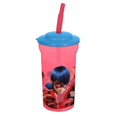 Стакан пластиковый с соломинкой и крышкой (прозрачный, 460 мл). Леди Баг