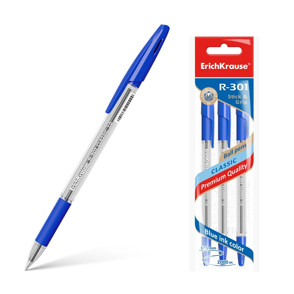 Ручка шариковая ErichKrause® R-301 Classic Stick&Grip 1.0, цвет чернил синий Ручка шариковая ErichKrause® R-301 Classic Stick&Grip 1.0, цвет чернил синий