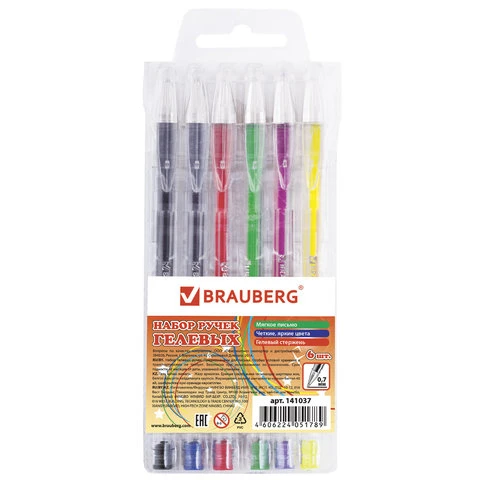 Ручки гелевые BRAUBERG, НАБОР 6 шт., АССОРТИ, "Jet", узел 0,7 мм,