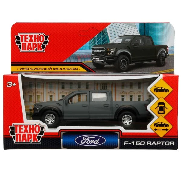 Машина металл FORD F150 RAPTOR SOFT 12 см, двери, багаж, инерц, серый, Технопарк