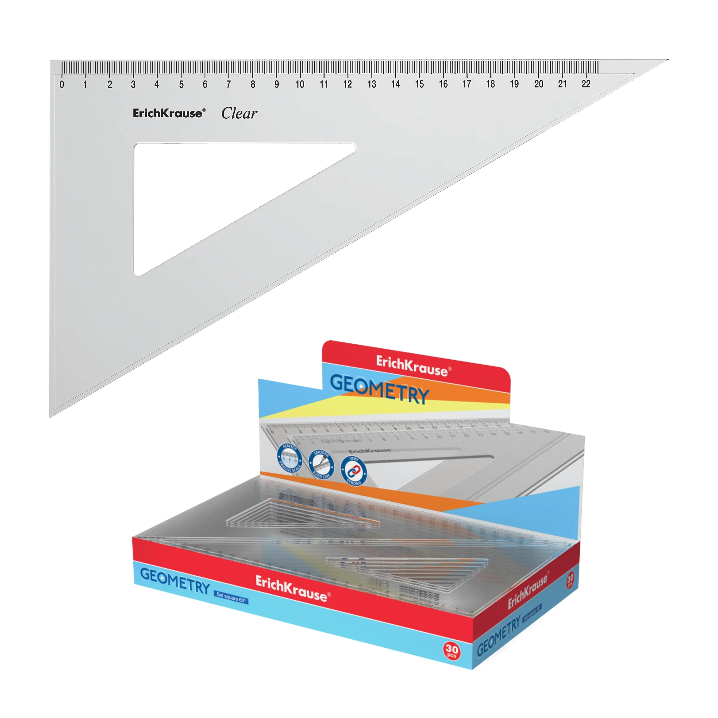 Угольник пластиковый Erich Krause Clear, 22см/60°, прозрачный, в коробке-дисплее