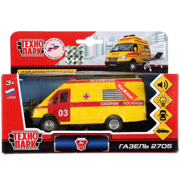 Машина металл свет-звук ГАЗЕЛЬ СКОРАЯ, 13 см, дв., багаж., инерц., Технопарк