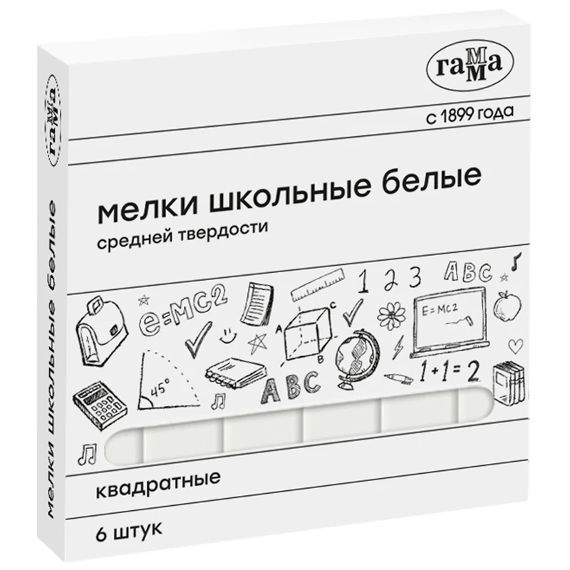 Мелки школьные Гамма, белые, 06шт., средней тверд., квадратные, картонная