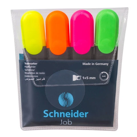 Текстмаркеры SCHNEIDER НАБОР 4 шт., АССОРТИ, "Job", скошенный