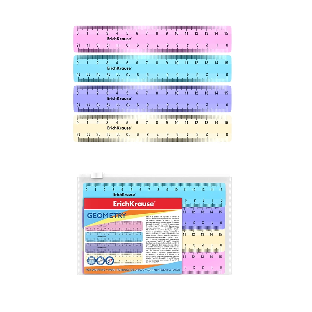 Набор из 4 линеек Erich Krause Pastel, 15см, розовый, голубой, фиолетовый, Набор из 4 линеек Erich Krause Pastel, 15см, розовый, голубой, фиолетовый,