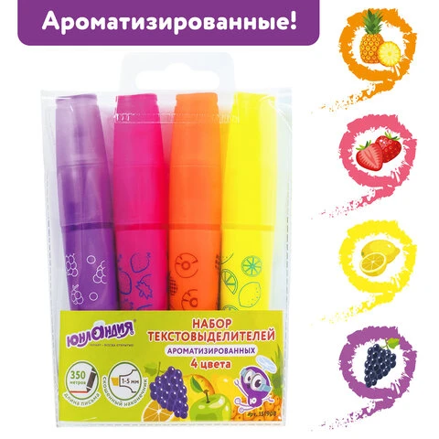 Набор текстовыделителей ЮНЛАНДИЯ 4 шт., АССОРТИ, "ФРУКТЫ",