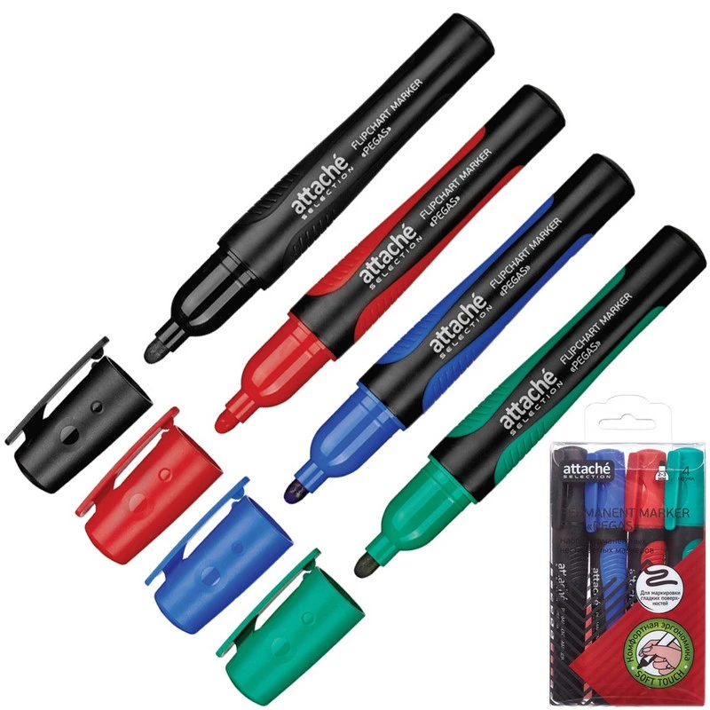 Маркер перманентный Attache Selection Pegas набор 4цв., 2-5мм штр. 