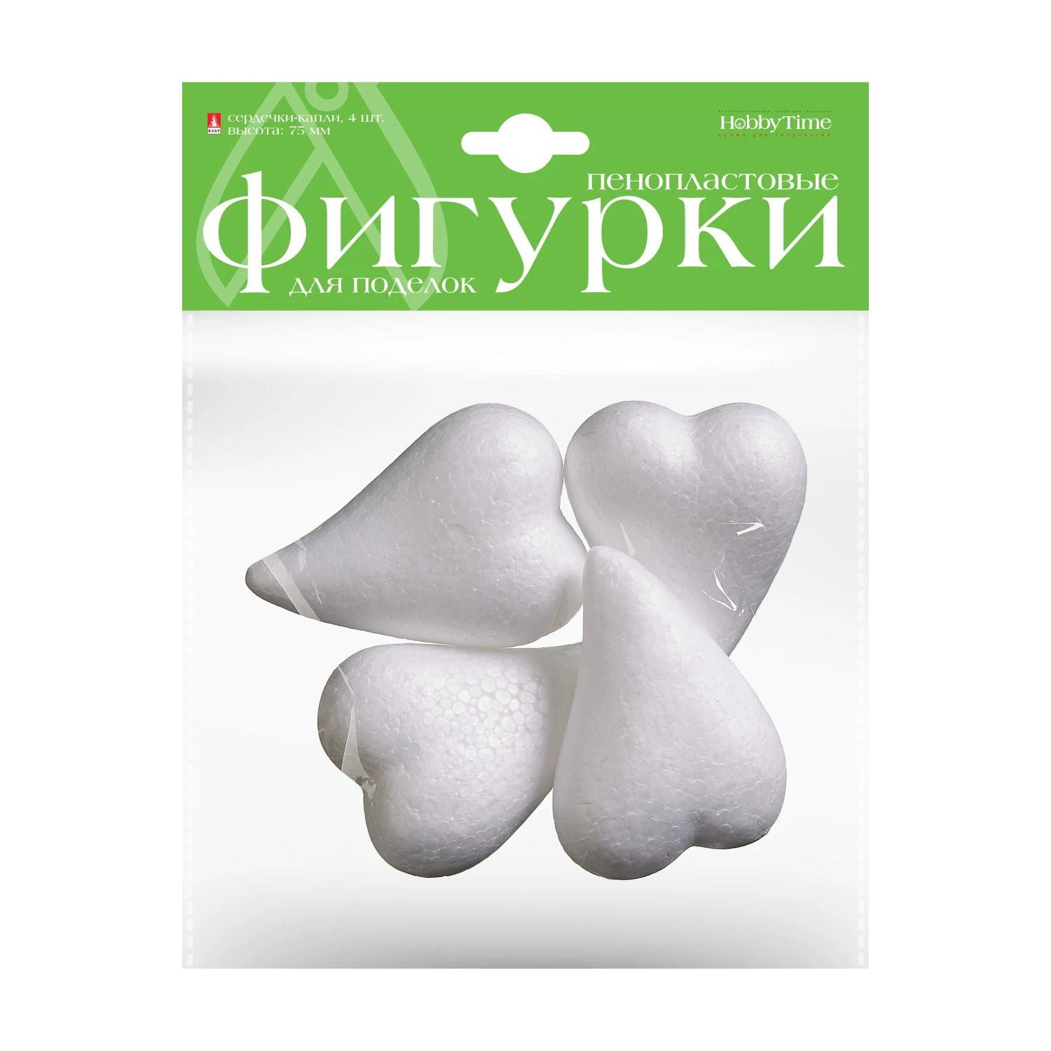 ПЕНОПЛАСТОВЫЕ ФИГУРКИ. СЕРДЕЧКИ-КАПЛИ, 75 ММ, 4 ШТ.