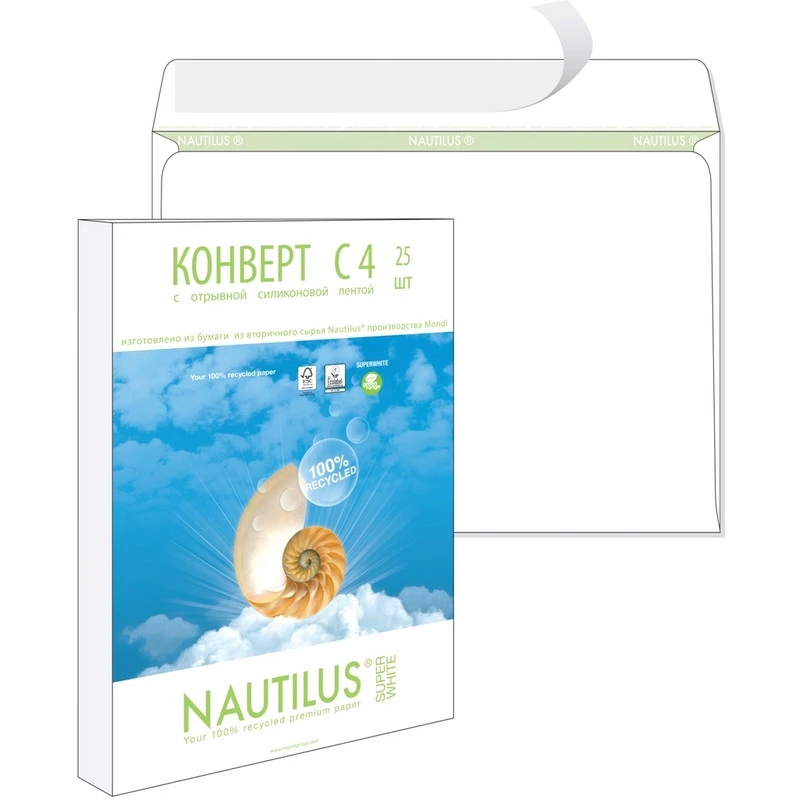 Конверт Nautilus,ЭКО, С4(229х324мм), стрип,90г, 25шт/уп штр.  4607160053066