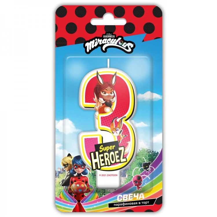 Леди Баг и Супер-Кот. Парафиновая свеча в торт (цифра 3 с героем) в блистере