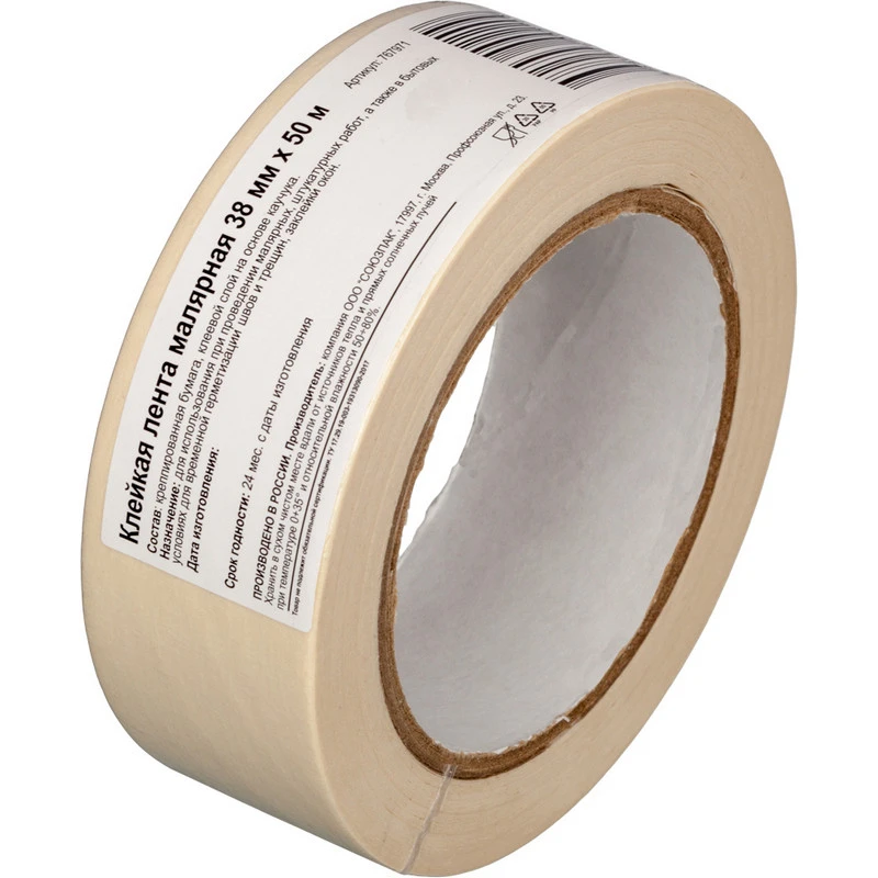 Клейкая лента малярная 38ммх50м, крепированная Клейкая лента малярная 38ммх50м, крепированная