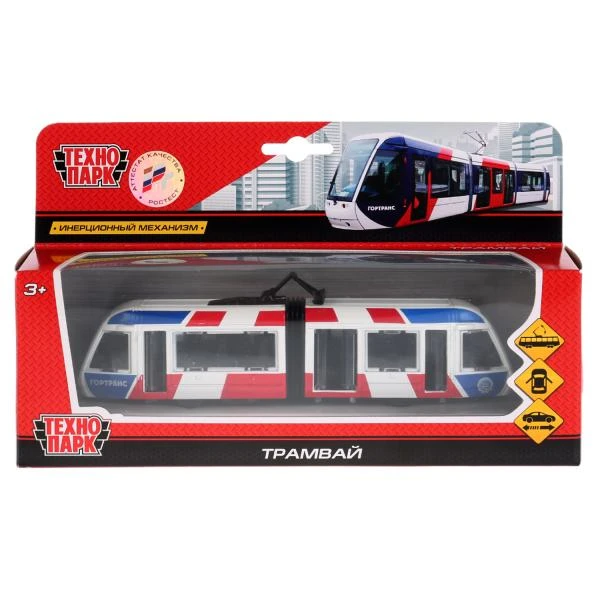 МОДЕЛЬ Технопарк МЕТАЛЛ. инерция ТРАМВАЙ НОВЫЙ С ГАРМОШКОЙ 19СМ, ОТКРЫВ. ДВЕРИ В