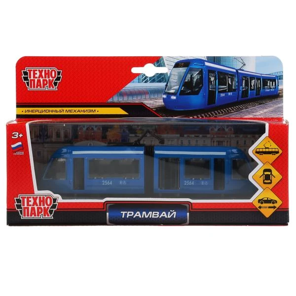 Модель металл трамвай новый с гармошкой, 19см, инерция, открыв. двери в коробке.
