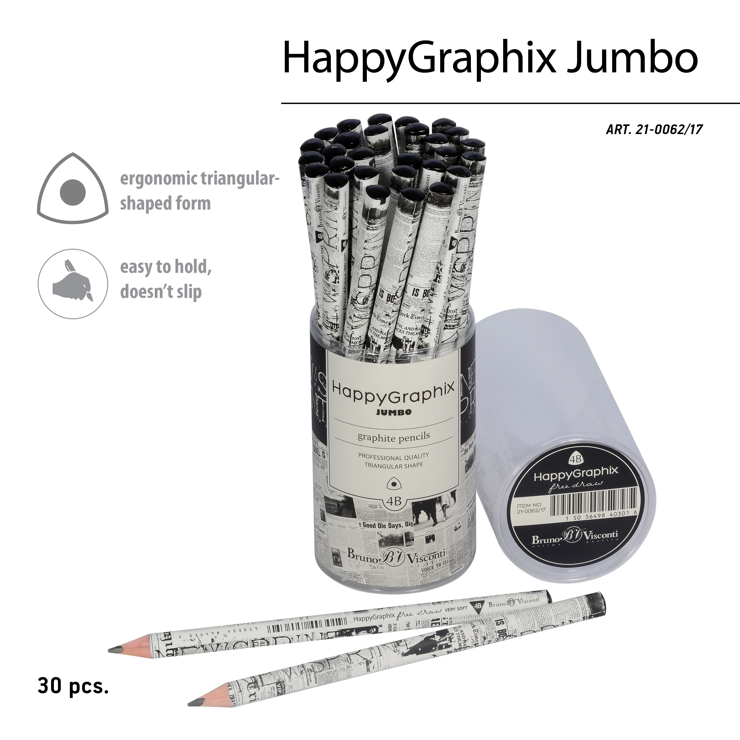 КАРАНДАШ ЧЕРНОГРАФИТОВЫЙ "HappyGraphix Jumbo. Газета" 4В, 3.5 MM КАРАНДАШ ЧЕРНОГРАФИТОВЫЙ "HappyGraphix Jumbo. Газета" 4В, 3.5 MM
