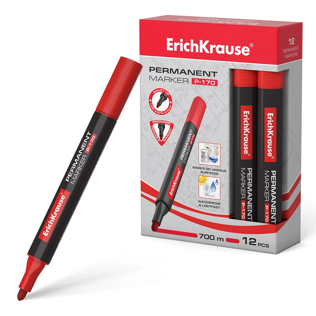 Перманентный маркер ErichKrause® P-170, цвет чернил красный (в коробке по 12 Перманентный маркер ErichKrause® P-170, цвет чернил красный (в коробке по 12