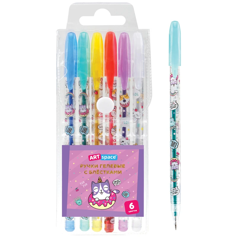 Набор гелевых ручек ArtSpace "Кот-сластена", 6цв., 1,0мм, с блестками,