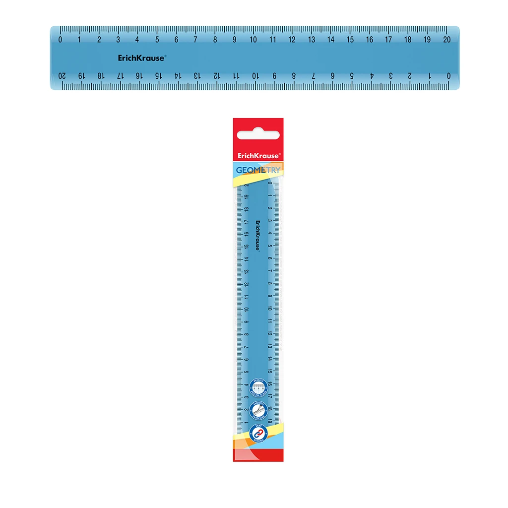 Линейка пластиковая Erich Krause Standard, 20см, голубой, в флоупаке