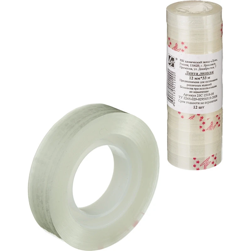 Клейкая лента канцелярская 12х33 12 шт./уп. штр.  4601185011490, 4607104001306,