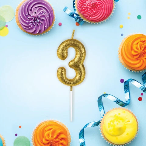 Свеча-цифра для торта "3" золотая с глиттером, 6 см, ЗОЛОТАЯ СКАЗКА,