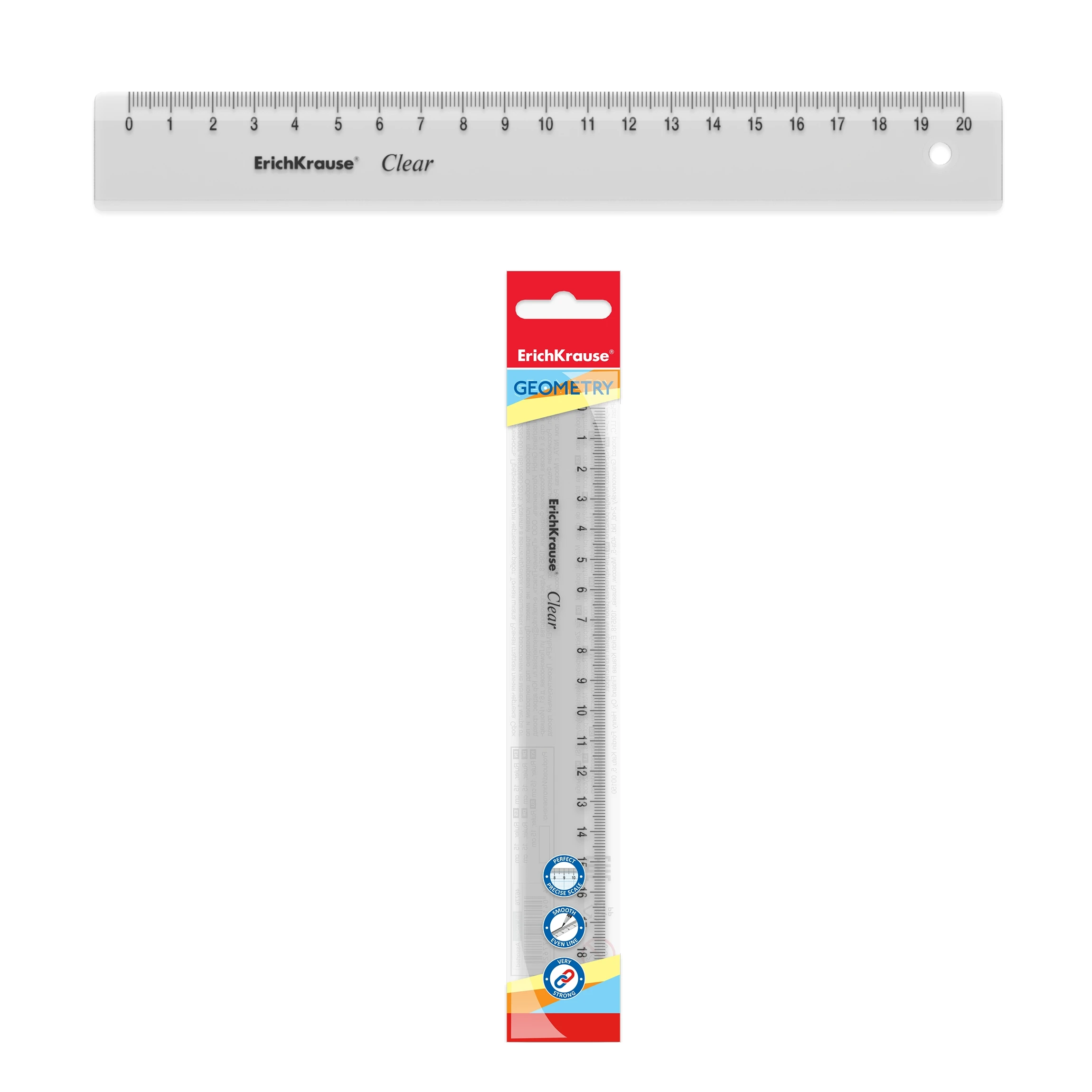 Линейка пластиковая Erich Krause Clear, 20см, прозрачный, в флоупаке