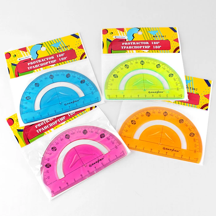 Транспортир 10см 180° мягкий пластик, ассорти