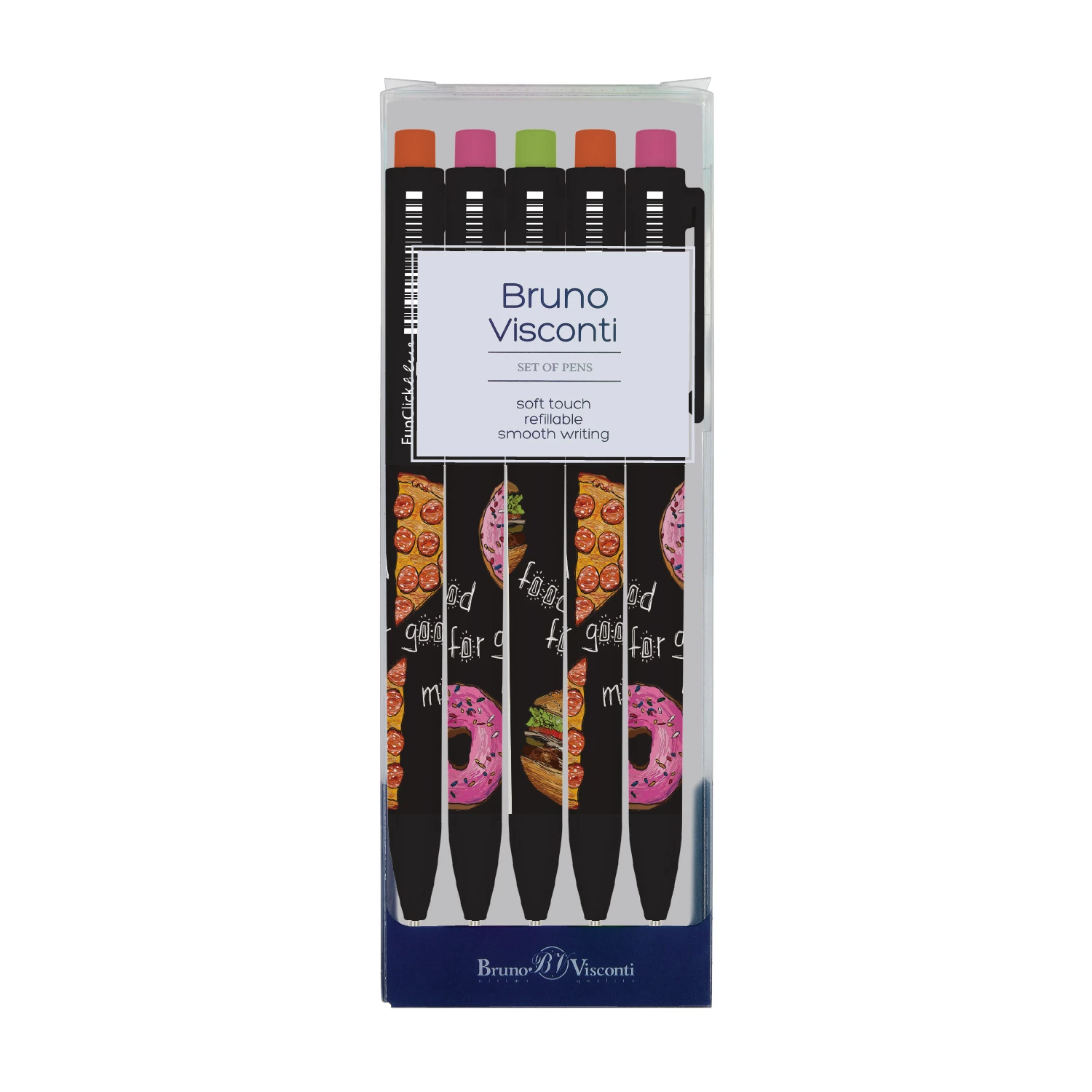 НАБОР ИЗ 5-ТИ РУЧЕК "FunClick. Food in black" ШАРИКОВЫХ 0.7 ММ, СИНЯЯ