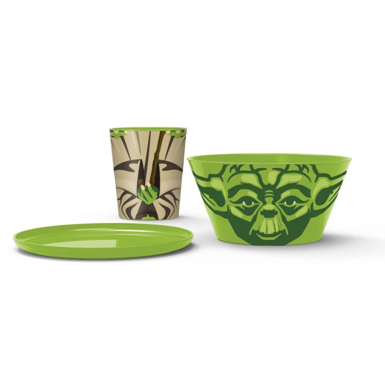 Набор пластиковой посуды из 3-х предметов (в виде героя). Йода Набор пластиковой посуды из 3-х предметов (в виде героя). Йода