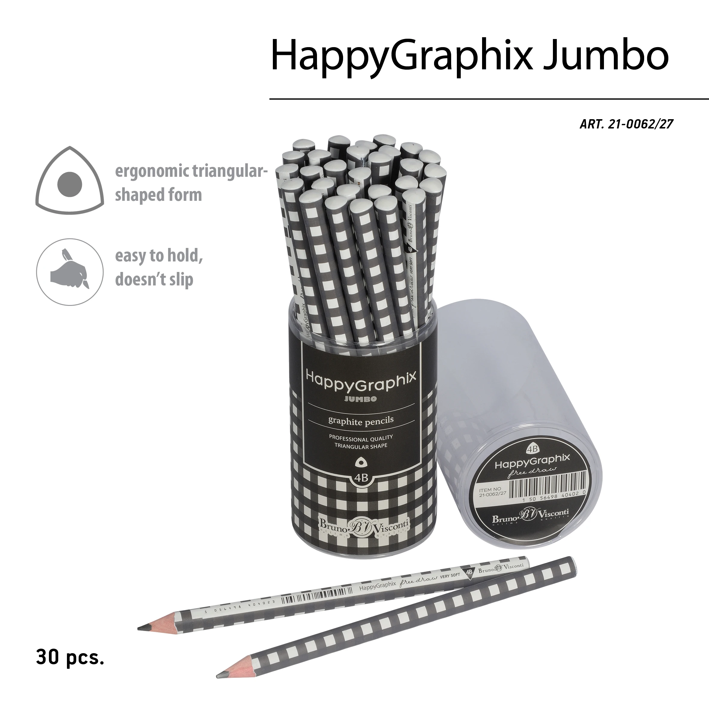 КАРАНДАШ ЧЕРНОГРАФИТОВЫЙ "HappyGraphix Jumbo. Монохром. Клетка" 4В, КАРАНДАШ ЧЕРНОГРАФИТОВЫЙ "HappyGraphix Jumbo. Монохром. Клетка" 4В,