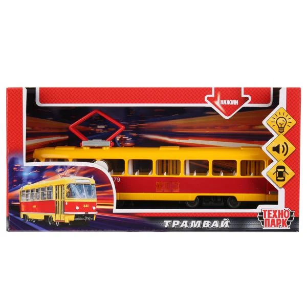 Модель пластик свет-звук ТРАМВАЙ, 24 см, двери, Технопарк