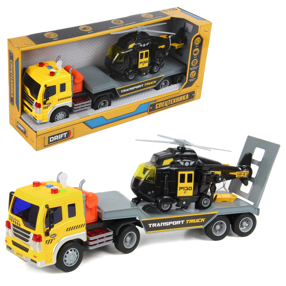 Автовоз с вертолетом YELLOW TRANSPORT TRUCK 1:16, фрикц.механизм, со звуком и