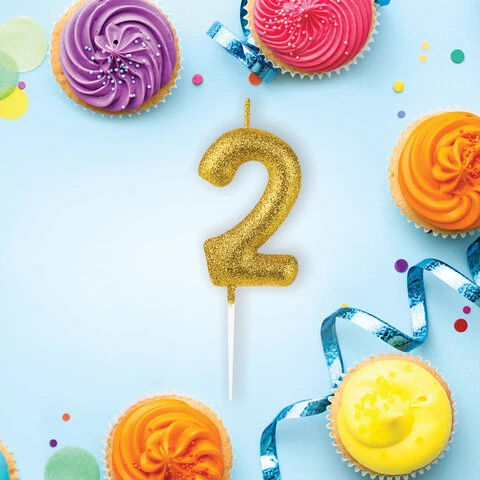 Свеча-цифра для торта "2" золотая с глиттером, 6 см, ЗОЛОТАЯ СКАЗКА,