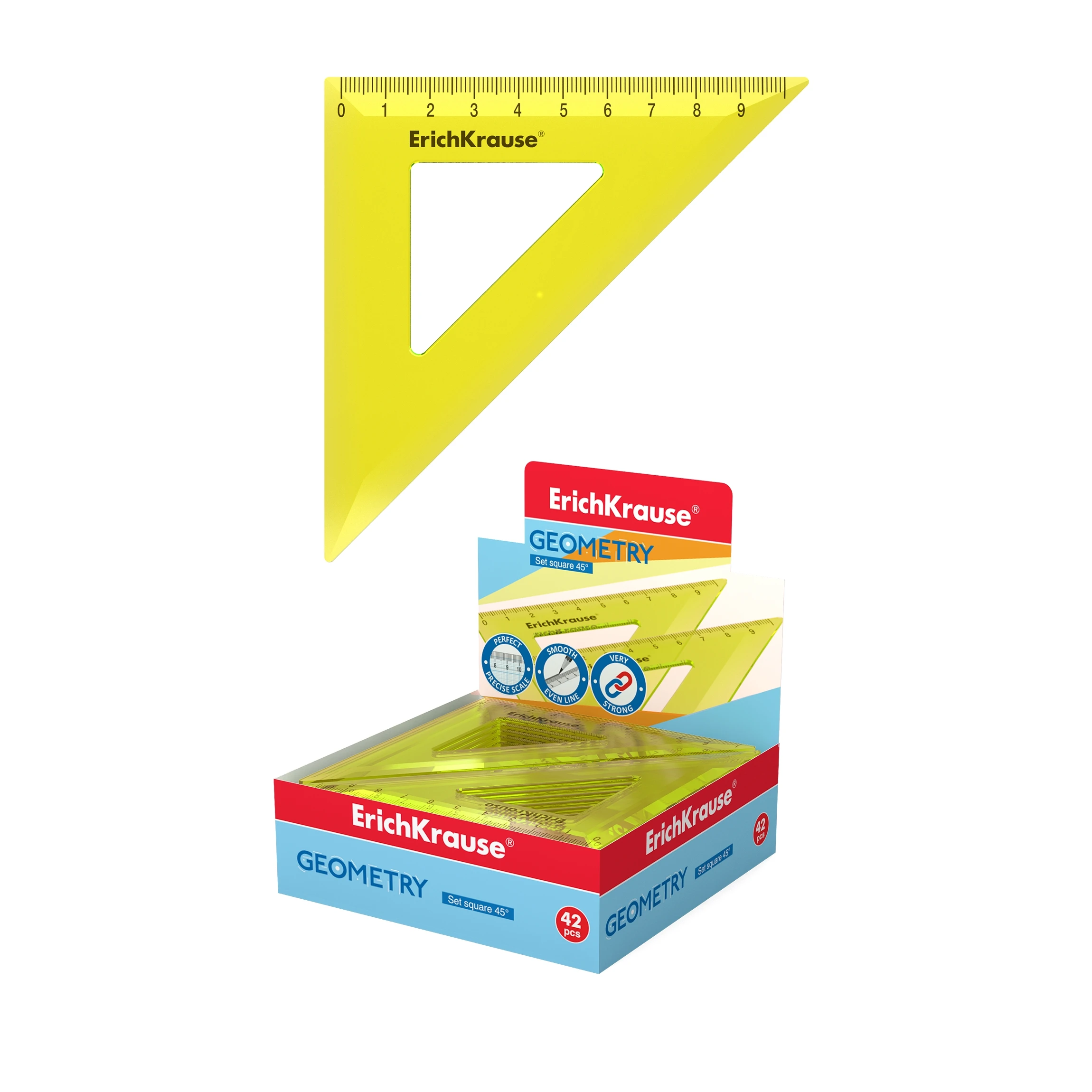 Угольник пластиковый Erich Krause Neon, 9см/45°, желтый, в коробке-дисплее