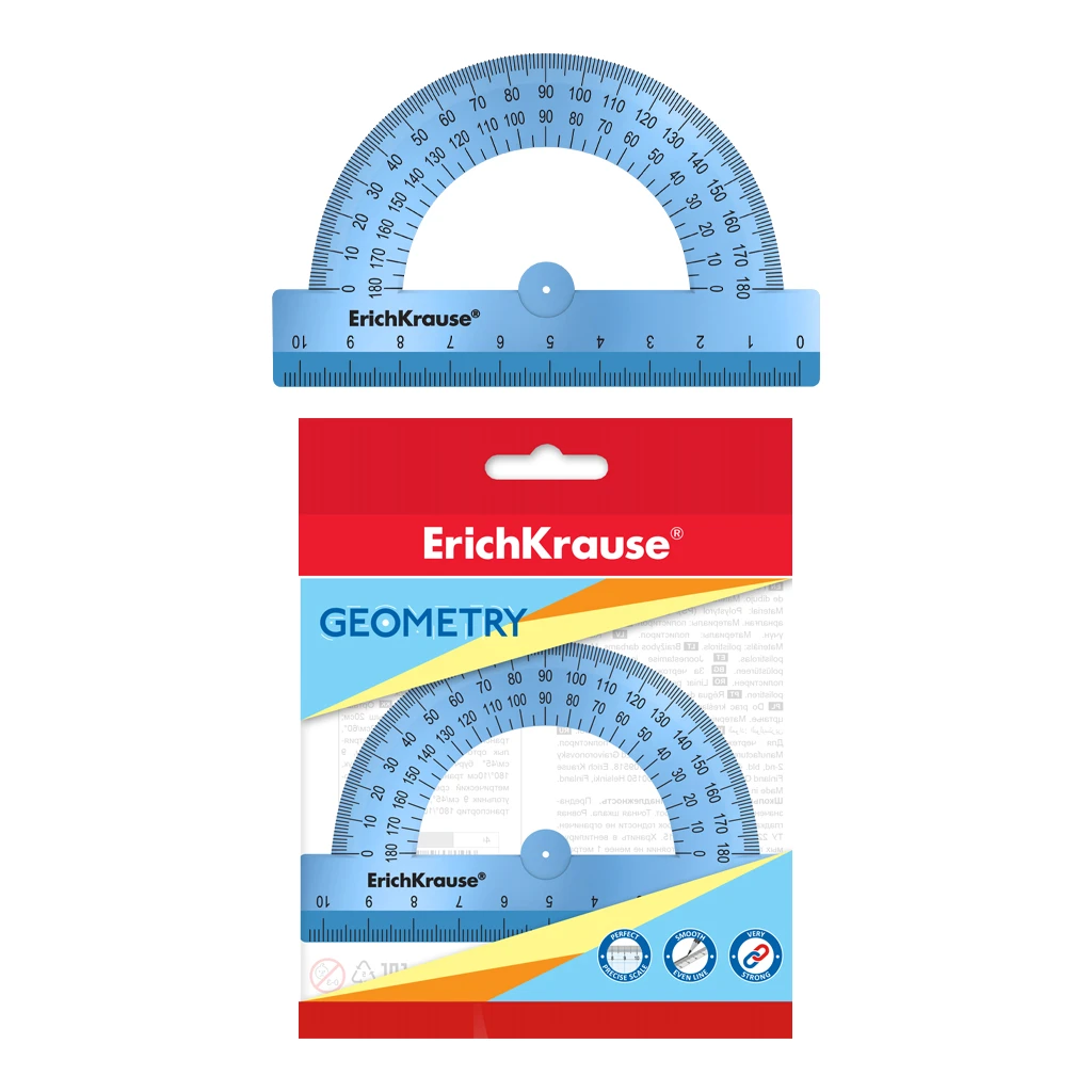 Транспортир пластиковый ErichKrause® Ice Metallic, 180°/10см, голубой, во Транспортир пластиковый ErichKrause® Ice Metallic, 180°/10см, голубой, во