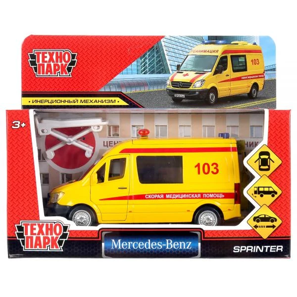 Машина металл MERCEDES-BENZ SPRINTER РЕАНИМАЦИЯ 14 см, двери, тележка, Технопарк