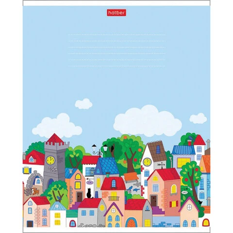 Тетрадь 12 л. HATBER клетка, обложка картон, "Городок" (5 видов в Тетрадь 12 л. HATBER клетка, обложка картон, "Городок" (5 видов в