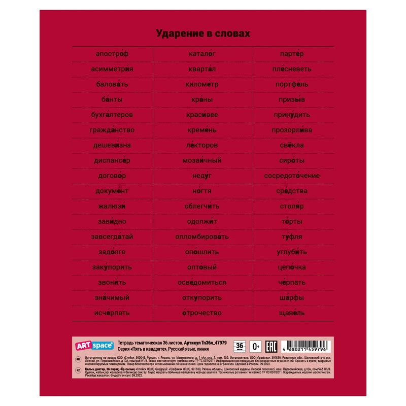 Тетрадь предметная, 36л. ArtSpace, "Пять в квадрате"- Русский язык,