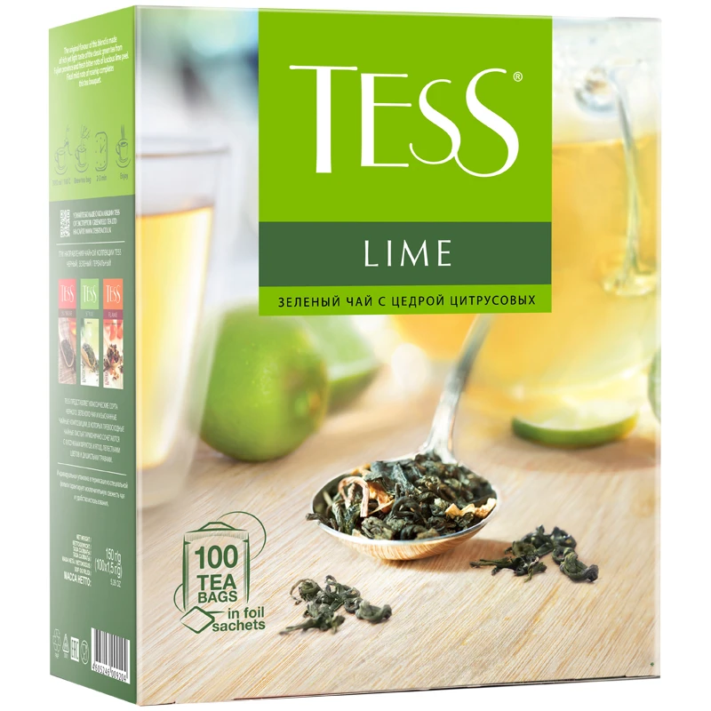 Чай Tess "Lime", зеленый с цедрой цитрусовых, 100 фольг. пакетиков по