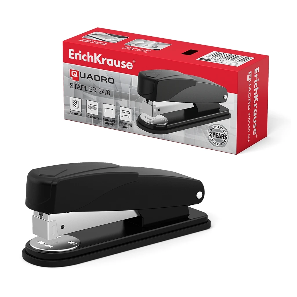 Степлер №24/6 ErichKrause® Quadro Half-strip до 30 листов, черный (в коробке по Степлер №24/6 ErichKrause® Quadro Half-strip до 30 листов, черный (в коробке по