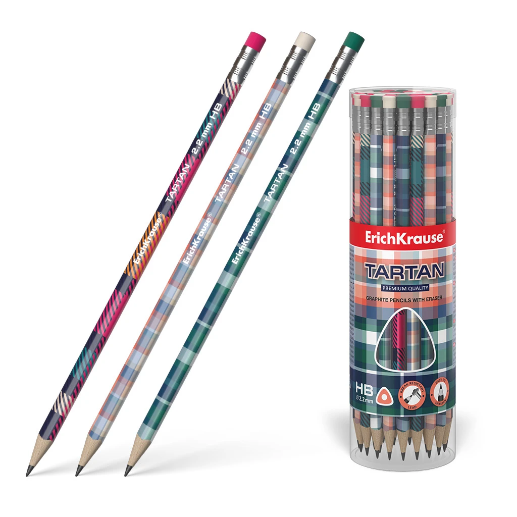Чернографитный трехгранный карандаш с ластиком ErichKrause® Tartan HB (в тубусе Чернографитный трехгранный карандаш с ластиком ErichKrause® Tartan HB (в тубусе
