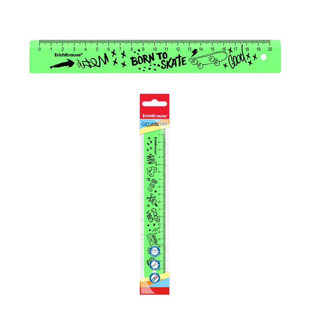 Линейка пластиковая ErichKrause® Scooter Master, 20см, зеленая, во флоупаке