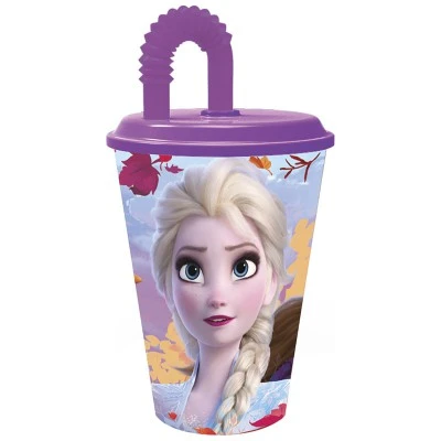 Стакан пластиковый с соломинкой и крышкой (спортивный, 430 мл). Холодное сердце