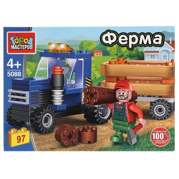 Конструктор ТРАКТОР с тележкой, 93 дет. Город мастеров