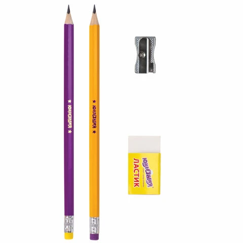 Набор ЮНЛАНДИЯ "Школьный", 2 карандаша чернографитных, резинка Набор ЮНЛАНДИЯ "Школьный", 2 карандаша чернографитных, резинка