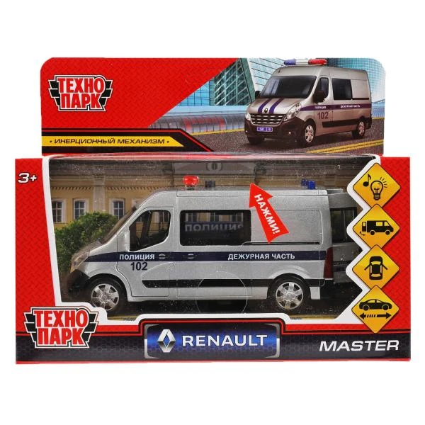 Машина металл свет-звук RENAULT master ПОЛИЦИЯ 14 см, двер, серебрист, Технопарк