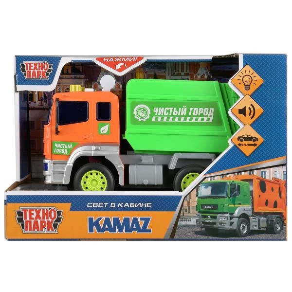 Машина пластик свет-звук KAMAZ МУСОРОВОЗ 17 см, инерция, оранж, Технопарк